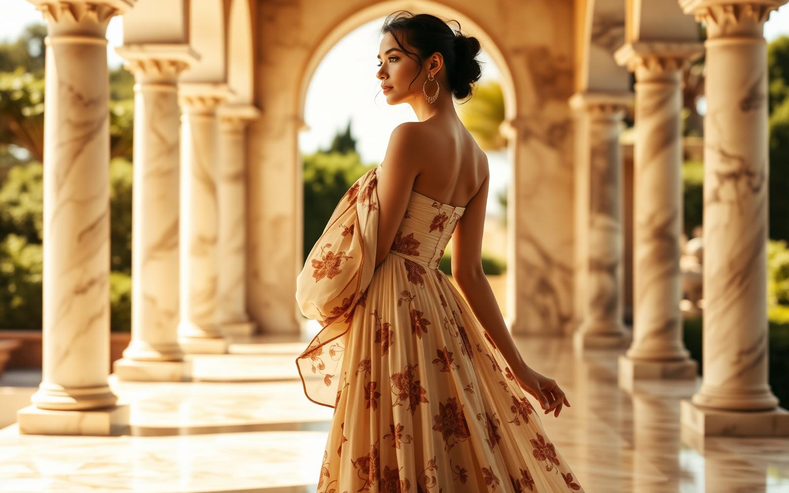 Woman in a floral maxi dress in a sunlit Mediterranean villa.