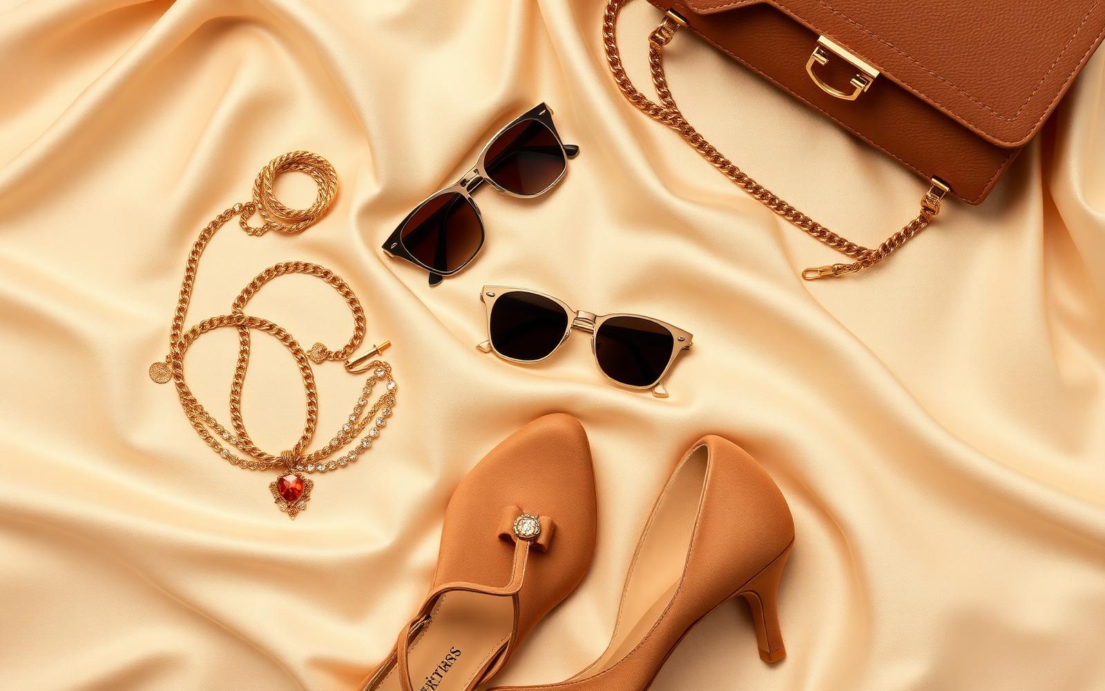 Flat lay of luxury accessories on cream silk.
